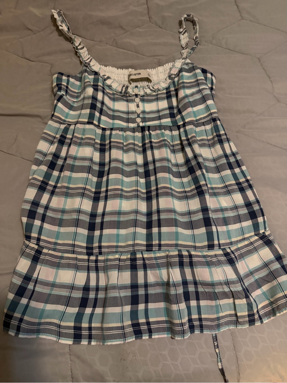Hollister Girls Blue White Plaid Ruffle-Hem Tank Dress
